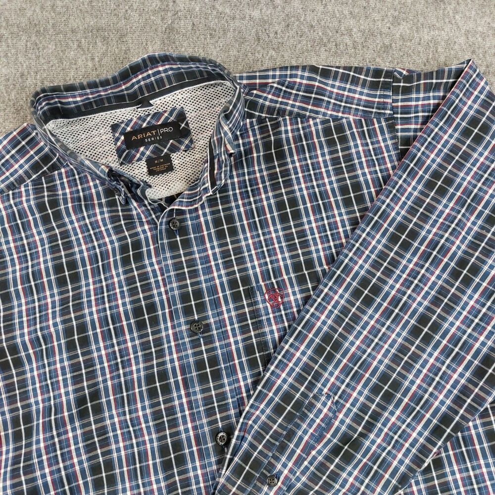 Ariat Pro Series Shirt Mens Medium Button Down Blue Plaid Work Casual Cowboy